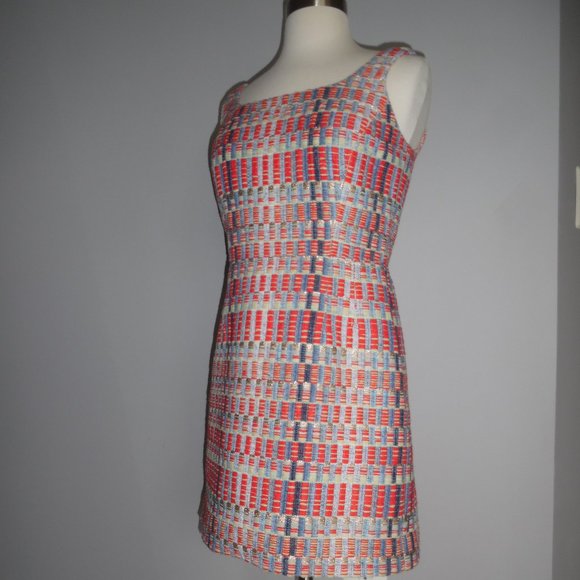 Tory Burch Tweed Red Blue Ribbon Sleeveless Metallic Career Work Shift Dress XS - Picture 8 of 10